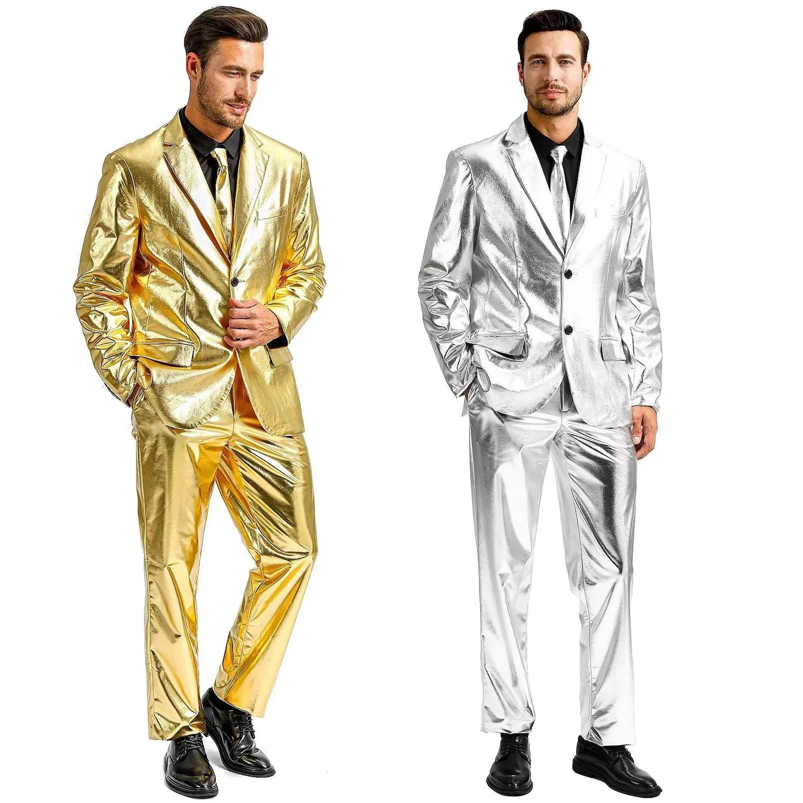 

Mens Shiny Metallic Suits Performance Costume Adult Disco Suits Party Funny Jacket Pants with Tie Blazer Halloween Dress UP