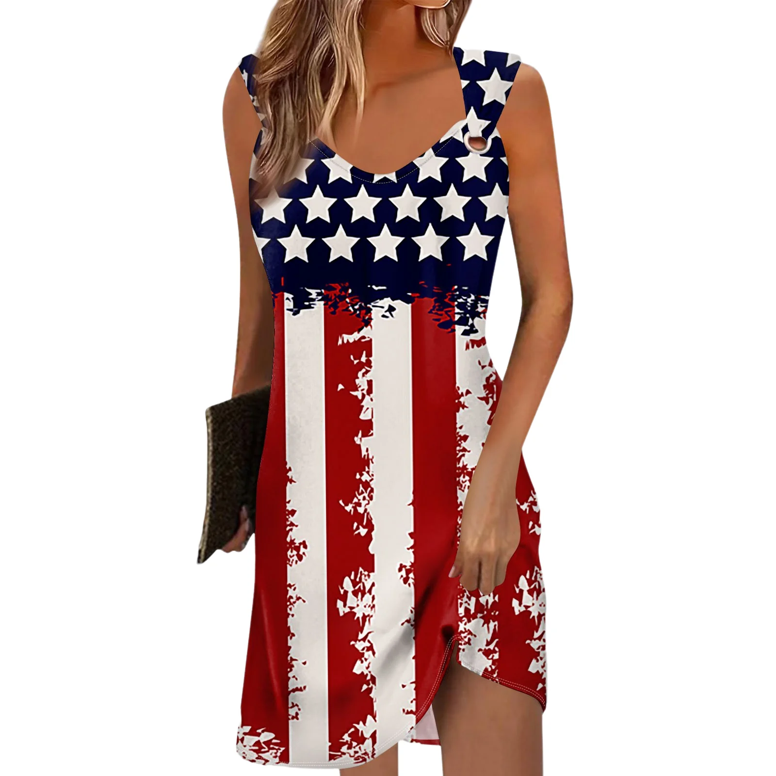 

Women Anime July 4Th V Neck Tank Dress Usa Uk Flag Patriotic Printed Mini Gown Independence Day Stars Stripes Graphic Sundress