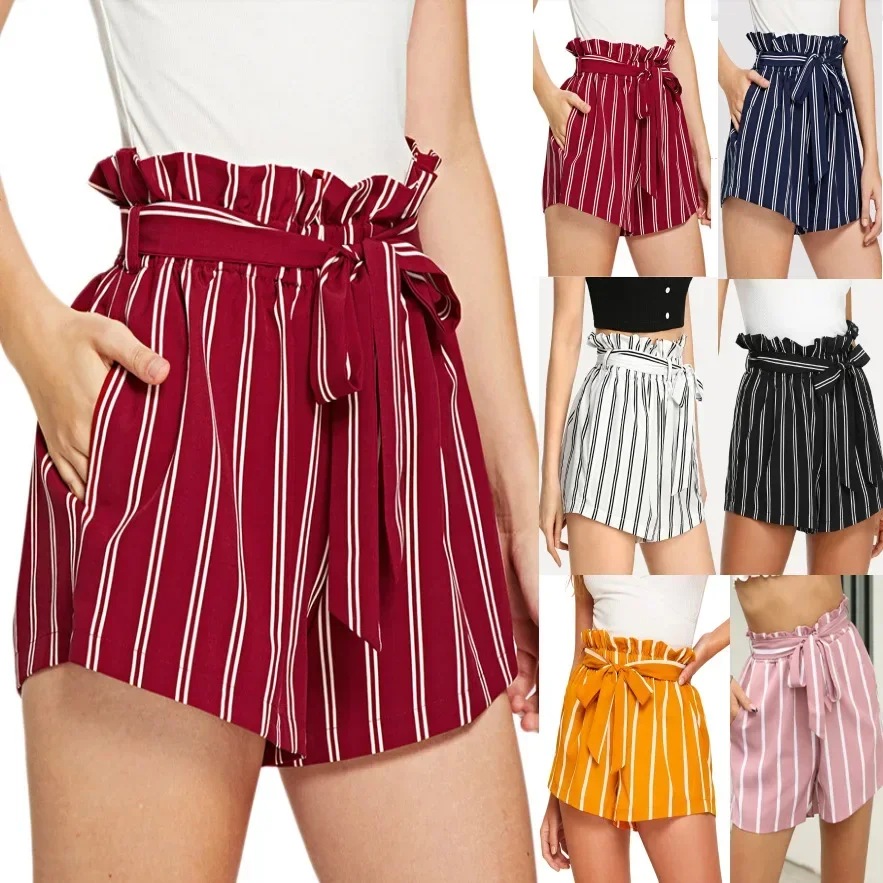 Damen Sommer gestreifte Shorts schnüren Chiffon heiße sexy kurze Hosen Frauen süße Schulmädchen rot rosa Streifen jubeln Team Shorts