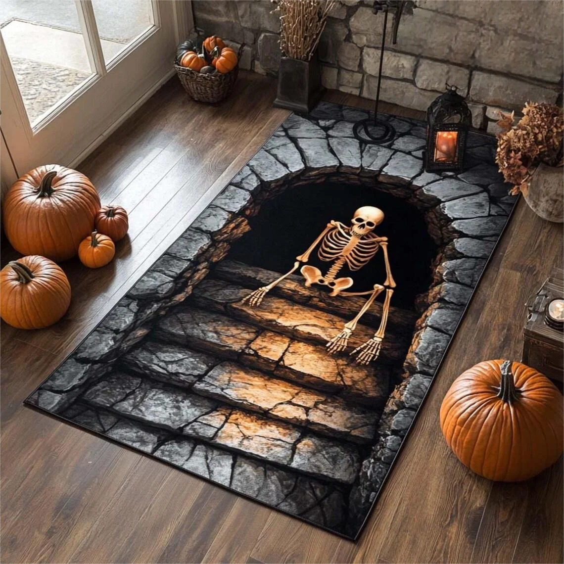 

3D каменный ковер со скелетом, мягкий и нескользящий для гостиной, журнальный столик, стул и коврик для стола