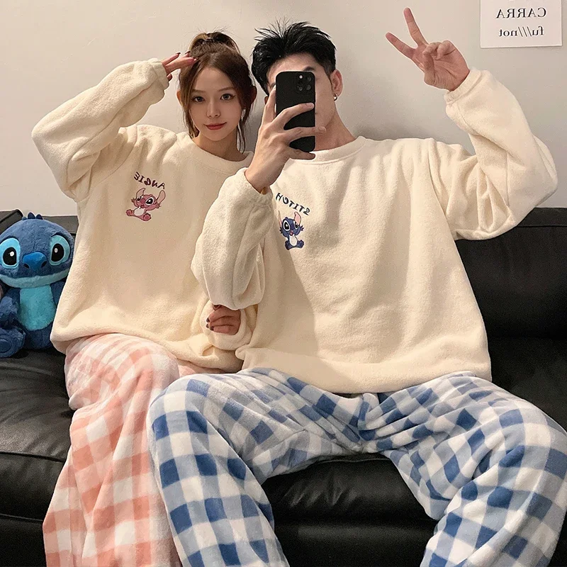 Cartoon Disney couple pajamas winter plush crew neck coral fleece casual two-piece set new men\'s/women\'s Stitch women\'s pajamas