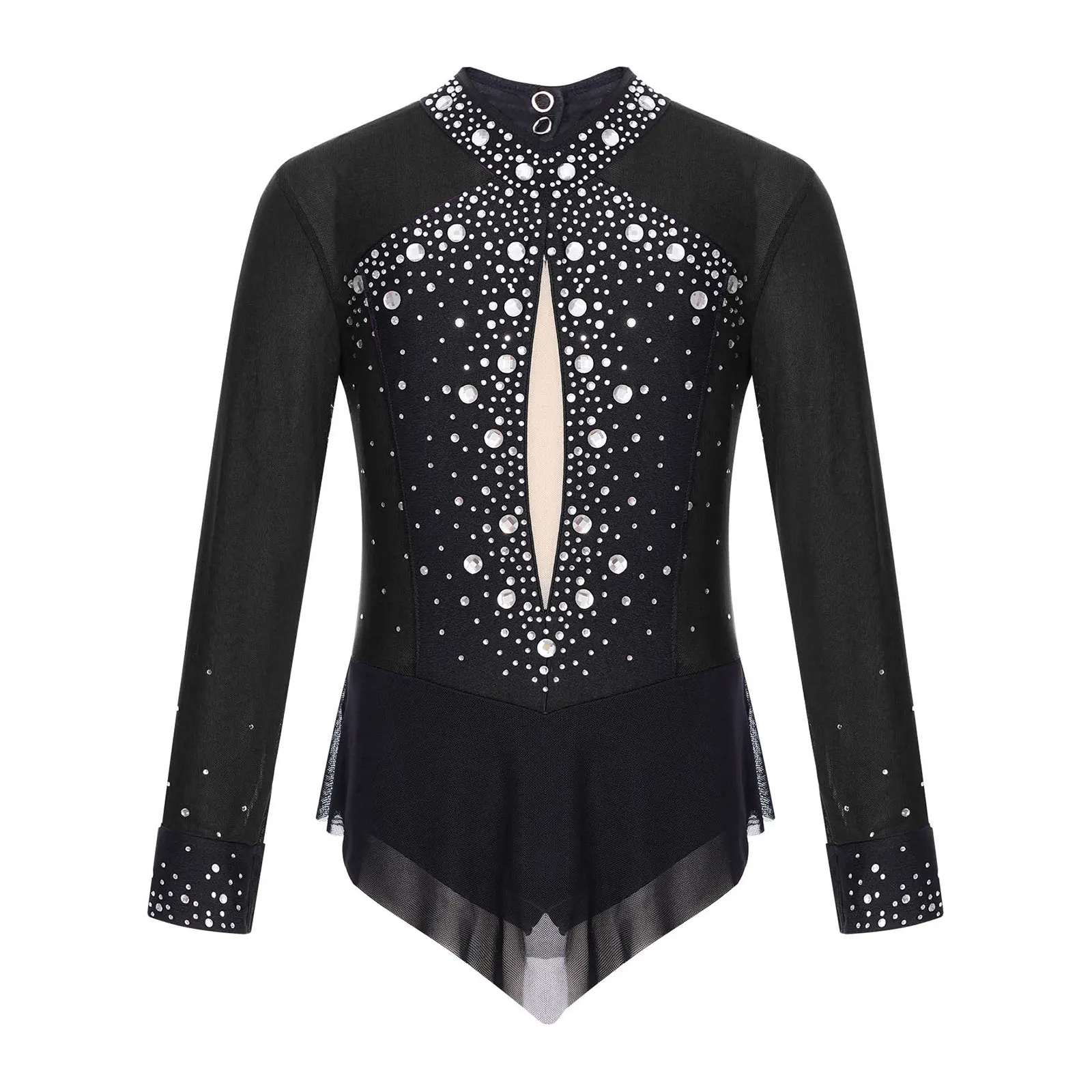 Kids Girls Rhinestones Color Block Rhythmic Gymnastics Dress Mesh Patchwork Leotard Skirted Bodysuit for Dancing Figure Skating