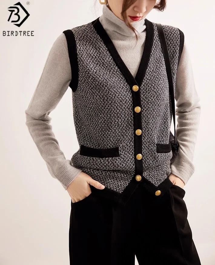 

Birdtree 44.7% Sheep Wool Color Blocking Sesame Dots Vest,Woman Wool Blend V-neck Sleeveless Pocket Knitwear CoatT58005JF