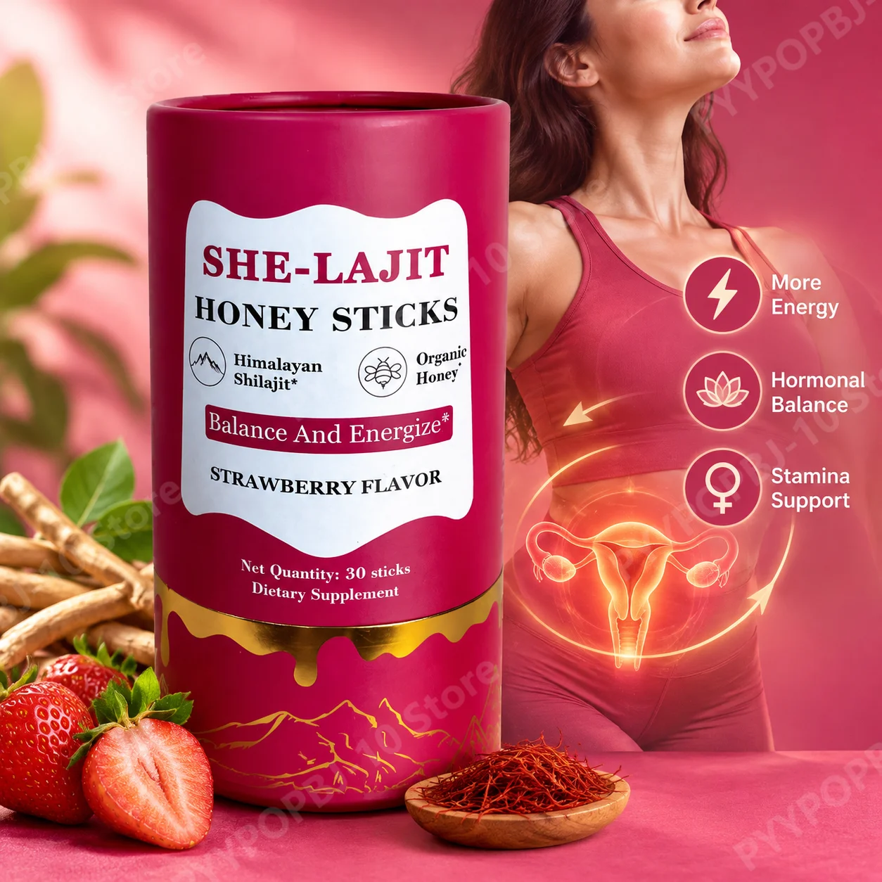 Shilajit Honey Sticks for Women's Energy, Stamina & Hormonal Balance, Strawberry, 300mg Shilajit, Shatavari, Saffron, 30 Sticks