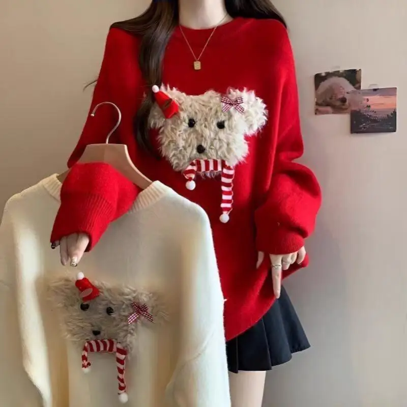 

Рождественский милый жаккардовый свитер с мультяшным медведем, женский осенний новый вязаный базовый топ с круглым вырезом и длинными рукавами, универсальная повседневная одежда
