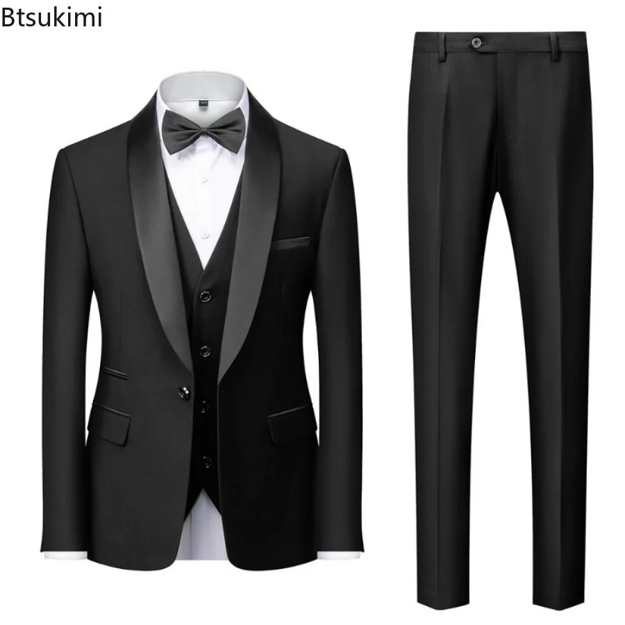 2024 New Men's Mariage Colorblock Collar Suits Fashion Slim Blazer Vest Trousers 3 Pieces Sets Man Business Casual Wedding Dress