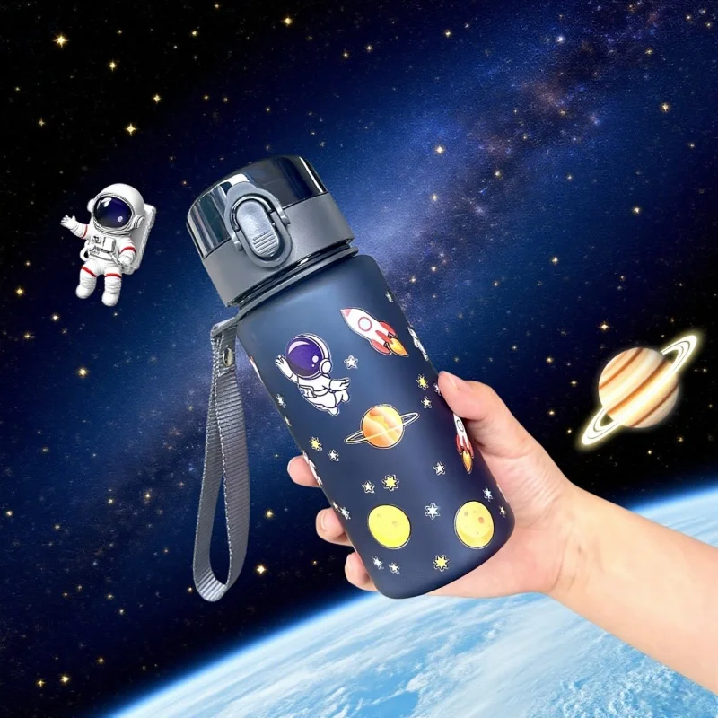 3D Printed 400ml/560ml Cartoon Space/Car/fish/ Pattern Plastic Cup Water Bottle Portable Cute Straw Cup Leak-proof Drinking