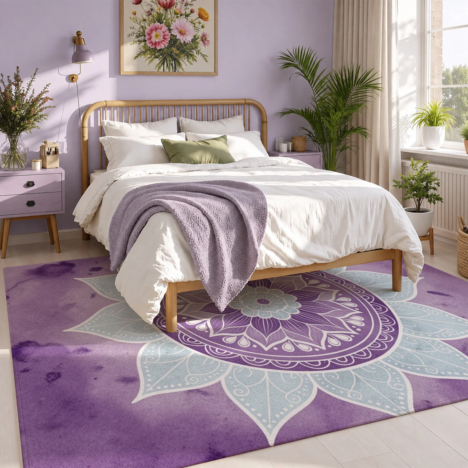 Purple Watercolor Mandala Velvet Area Rug, Soft Plush Machine Washable Floor Rug for Living Room, Bedroom, Entryway, Ideal for Halloween, Thanksgiving, Christmas, New Year Home Decor