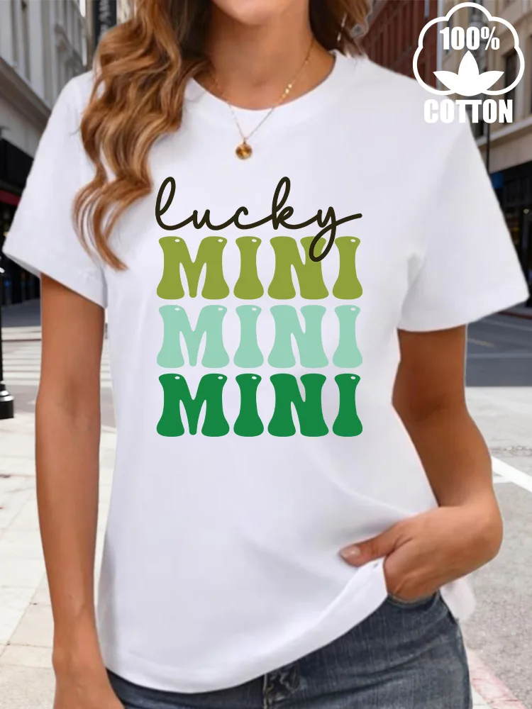 ラッキーミニ レディース グラフィック Tシャツ 180g コットン クルーネック 半袖 Tシャツ カジュアル 夏 日常着