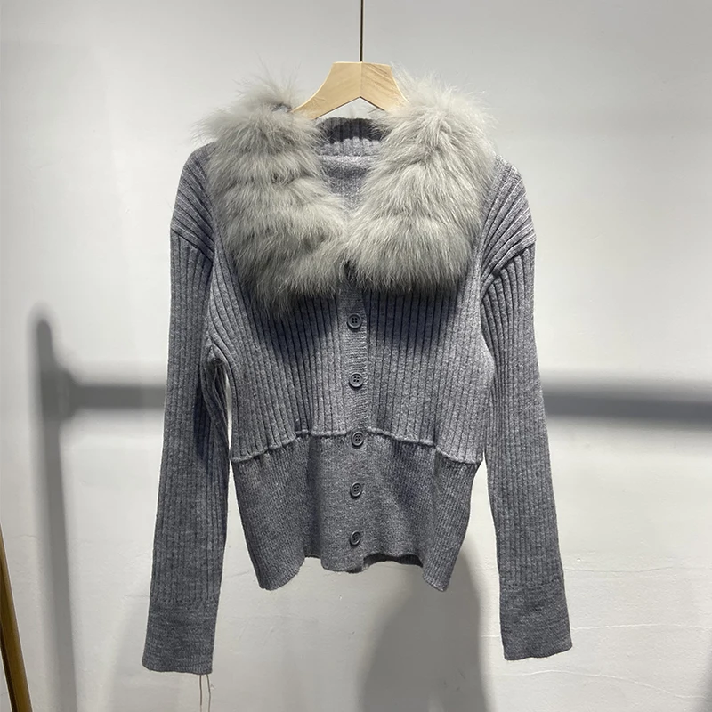 2025 رائجة البيع تصميم جديد جميل القهوة النساء الشتاء فرو الثعلب الحقيقي سميكة الحياكة الفتاة الفاخرة ضئيلة سترة سترة معطف