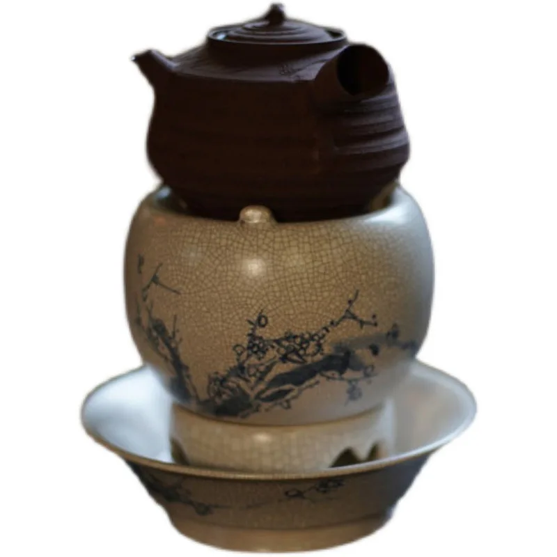 

Hand-painted plum blossom Song Yi Sancai ceramic tea set, tea-making charcoal stove, alcohol stove base, teapot