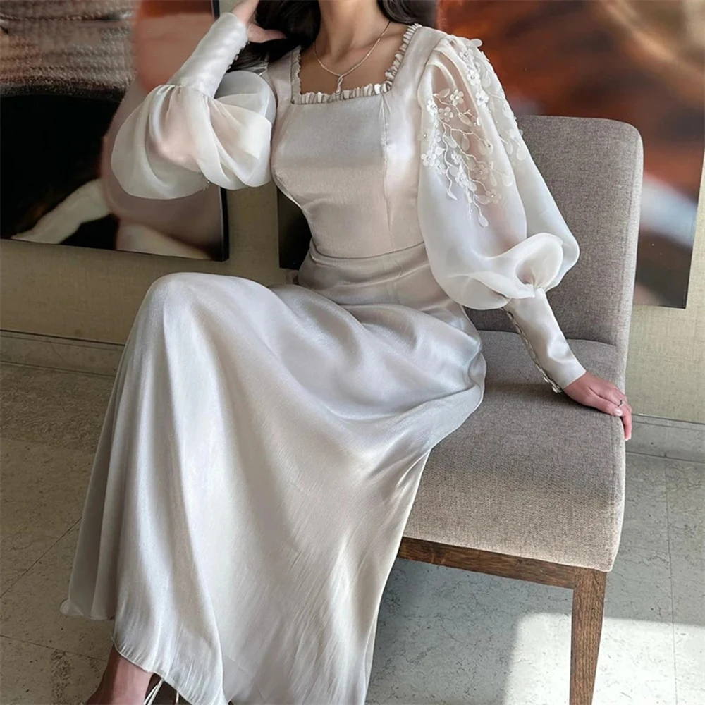 

Customized Yipeisha Simple Elegant and White Organze Evening Dress Square Collar Long see-through Sleeves A-line Ankle Length Pa