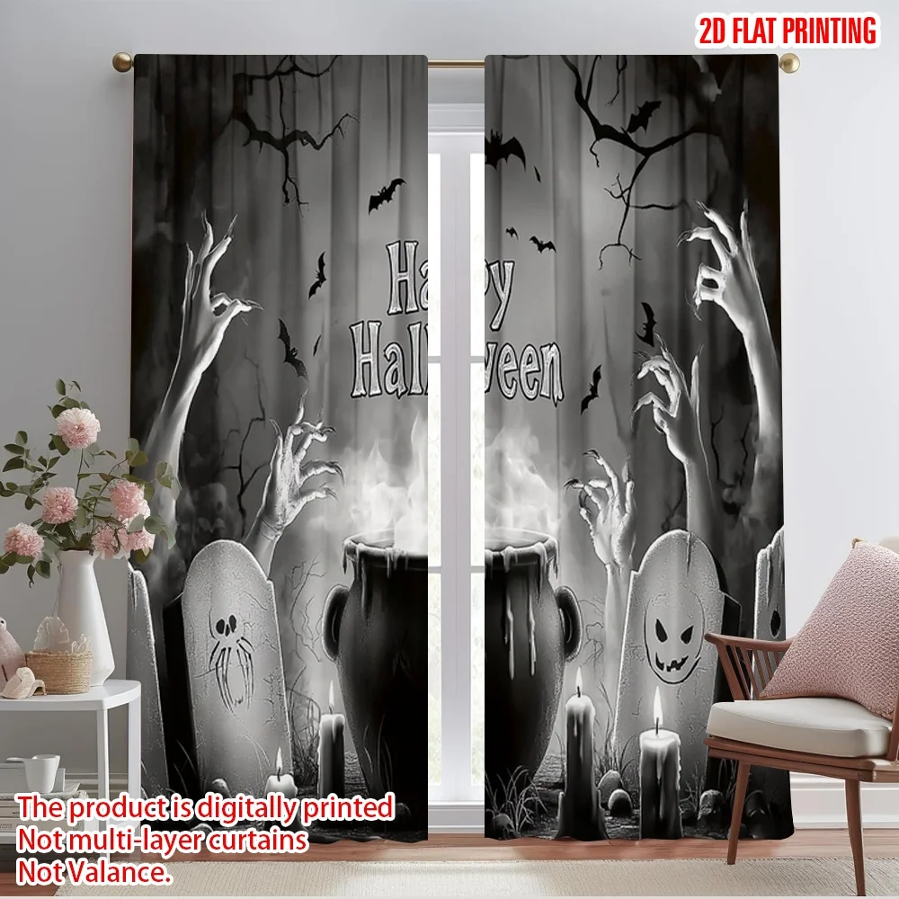 

2pcs 2D flat printing Halloween Window Treatment Curtains Happy Halloween 100% Polyester Without Electricity Festive Wall Decor