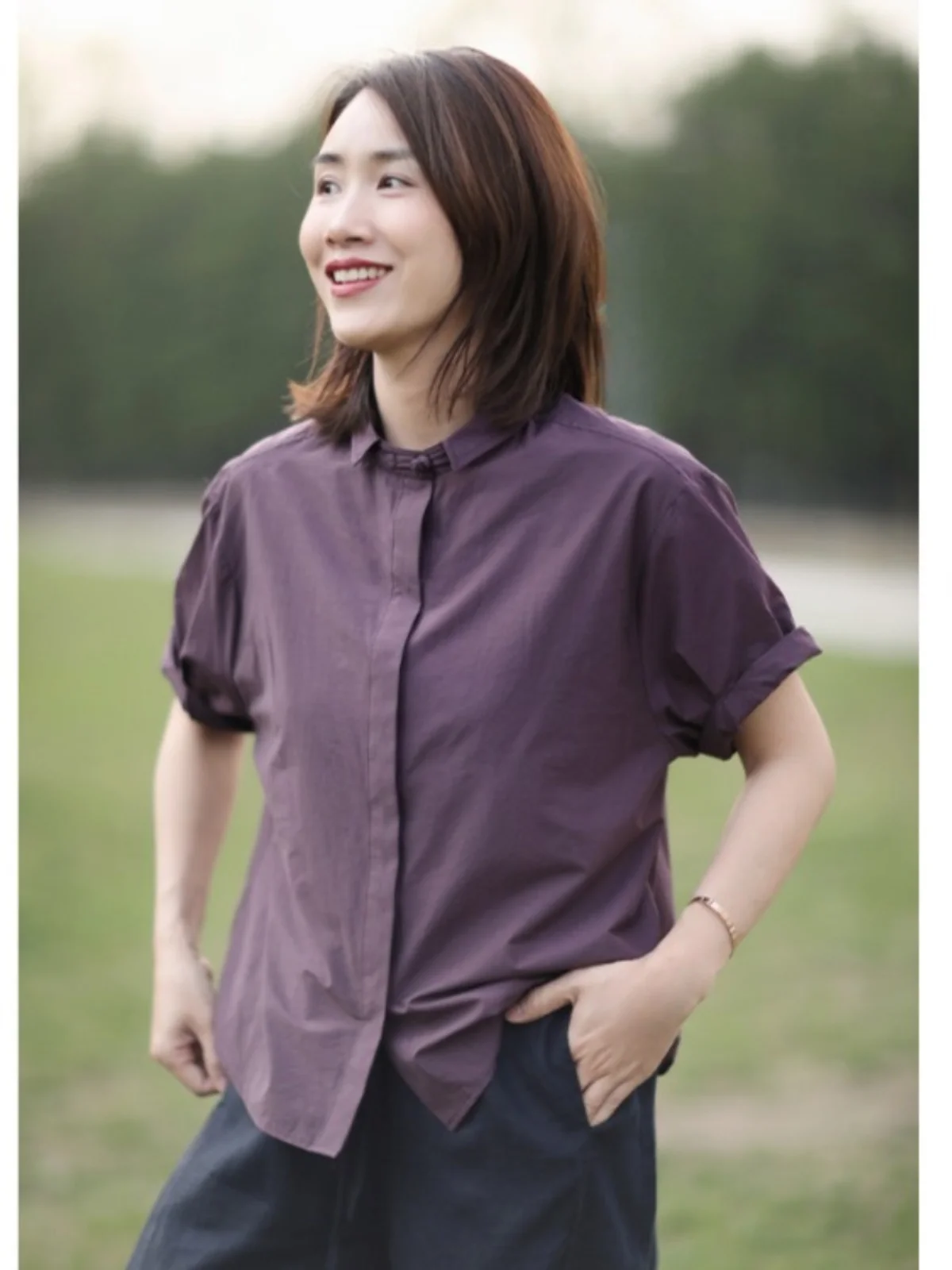 جديد الصينية Sle ort Sve irt المرأة الصيف تخفيف فضفاض عادية زر واحد صغير irt الياقة العلوية لون نقي #3