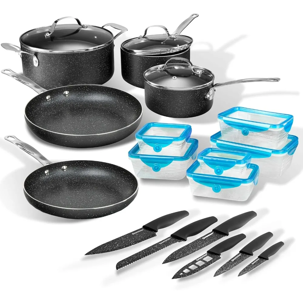 

26 Pcs Pots & Pans Set with Sharp Knives, Stretch & Fresh Storage Containers, Non Stick Cookware Set, Dishwasher Safe, PFOA Free