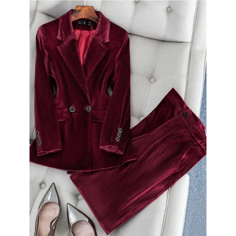 Blazer de veludo e calça feminina, conjunto formal de 2 peças, roupa de trabalho de negócios, vermelho, azul, listra verde, jaqueta para senhoras, outono, inverno