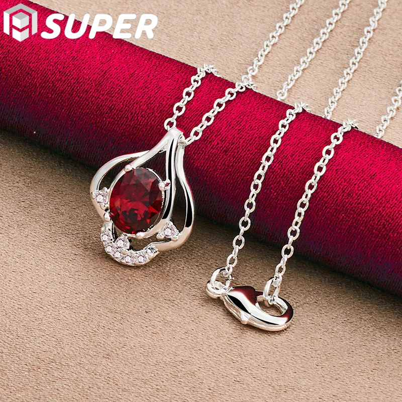 

925 Sterling Silver AAA Red Zircon Pendant Necklace 18-30 Inch Chain For Woman Wedding Engagement Fashion Charm Jewelry