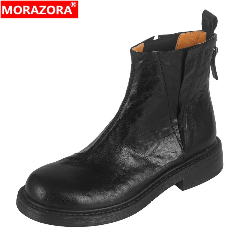 

MORAZORA 2024 New Genuine Leather Boots Women Zipper Black Brown Fashion Ankle Boots Autumn Winter Fashion Chelsea Boots Ladies