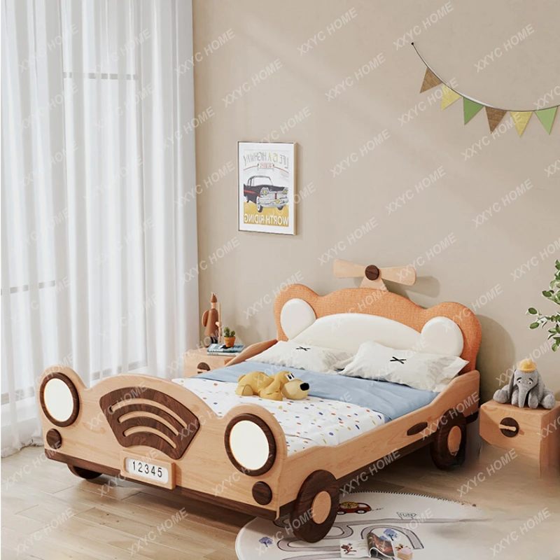 

Solid Wood Boys' Children's Bed with Fence Beech Single Bed Boys' Cartoon Soft Pack Bed