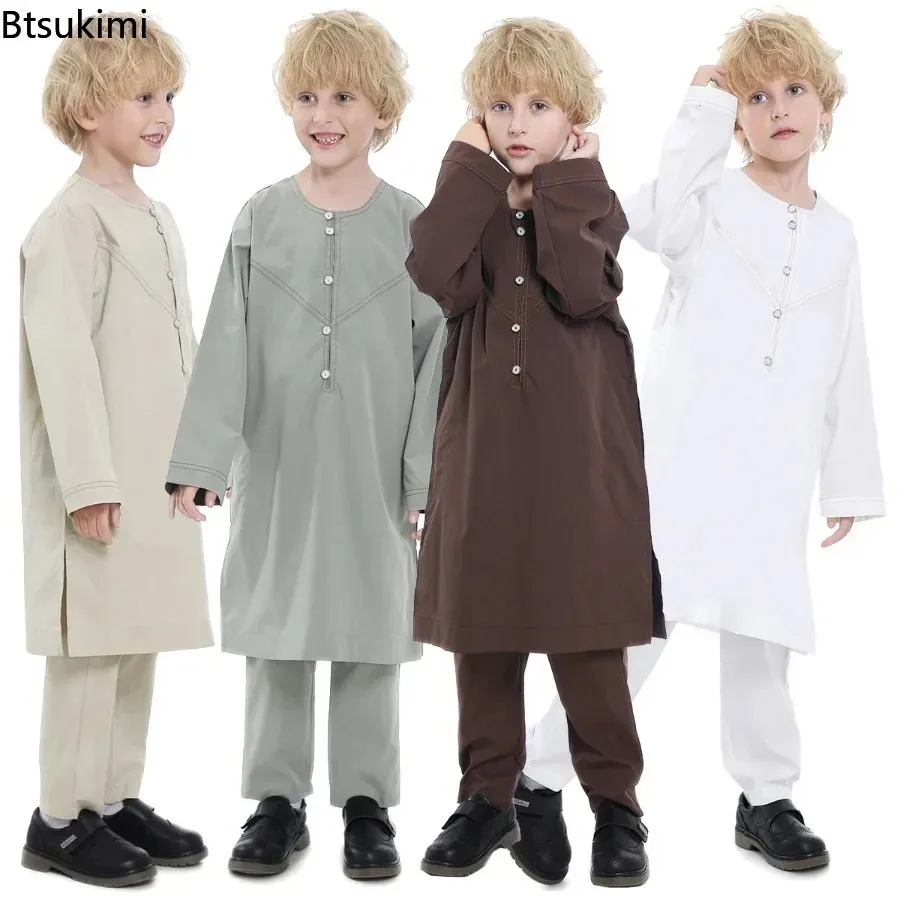 2026 Muslim Kids Jubba Thobe Arab Boy Thobe Children Abaya Ramadan Dress Pant Set 2 Piece Caftan Robe Kaftan Musulman Ensembles