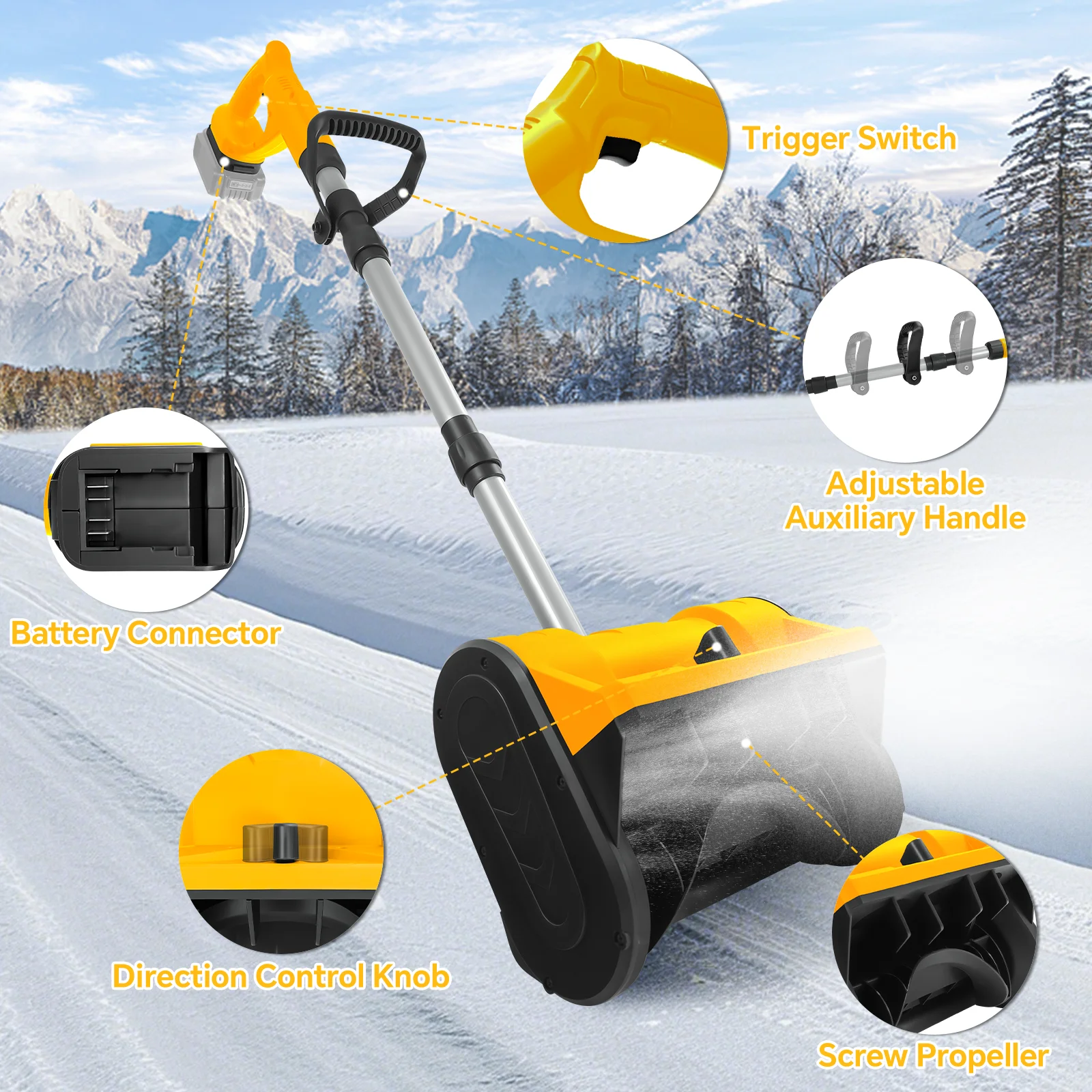 Pala de nieve eléctrica sin escobillas, arado de nieve inalámbrico de 500W, barredora de nieve de 3000R/MIN, distancia de lanzamiento de 20 pies para batería Dewalt de 20V