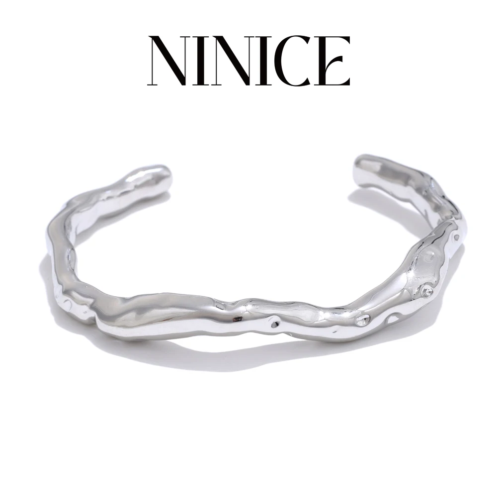 

NiNice Minimalist Stainless Steel Metal Hammer Irregular Cuff Bracelet Bangle Water Resistant Texture Charm Jewelry