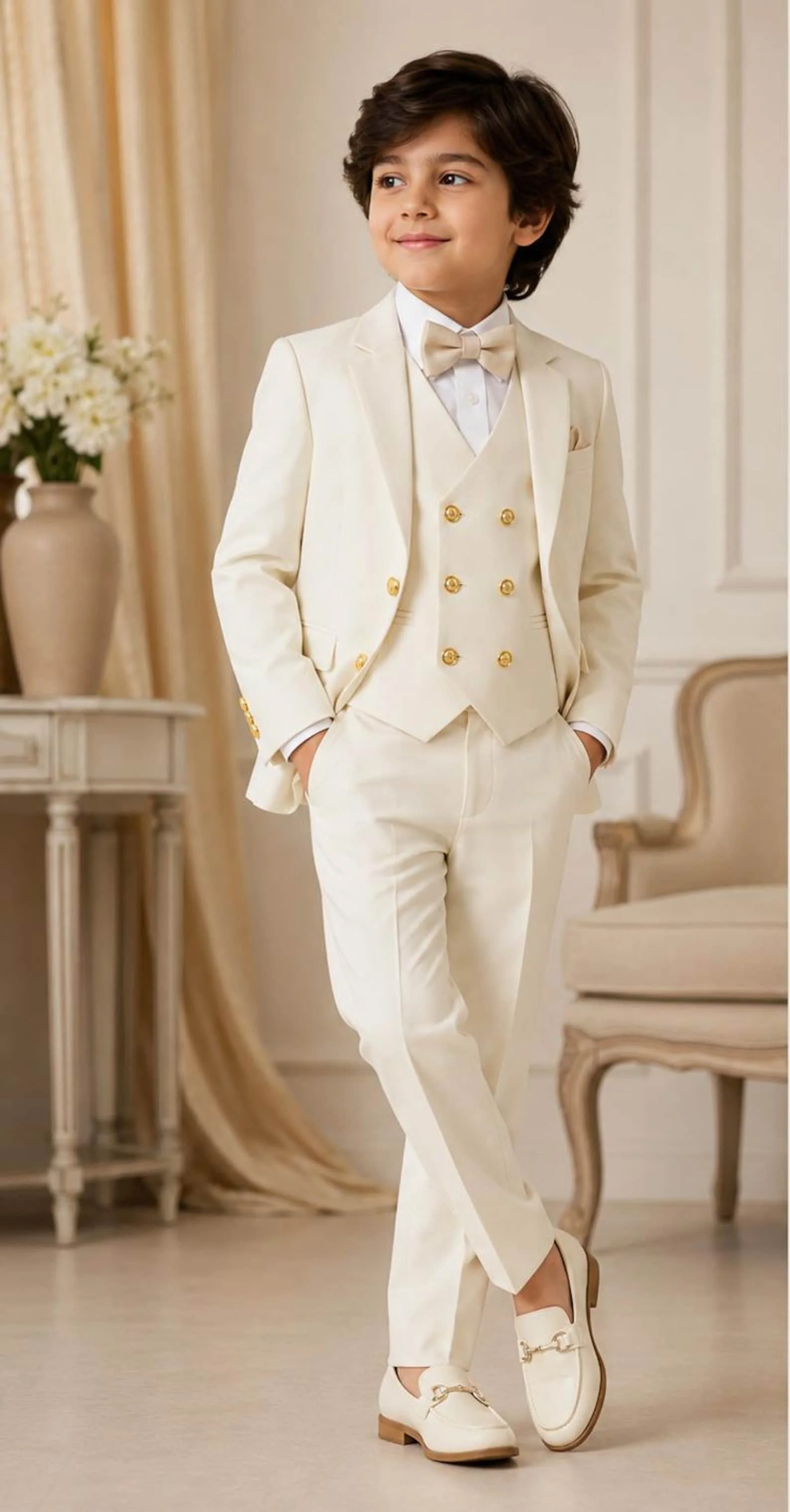 Ivory Boy's Formal 3-Piece Suit Toddler Pageboy Tuxedo Wedding Ring Bearer Custom Outfit Jacket Vest Pants Slim Fit for Kids