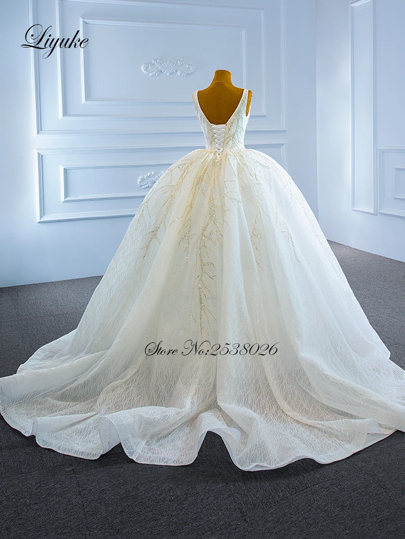 Liyuke Elegant Style Spaghetti Straps Ball Gown Wedding Dress Of Stunning Appliques Lace Bridal Skirts