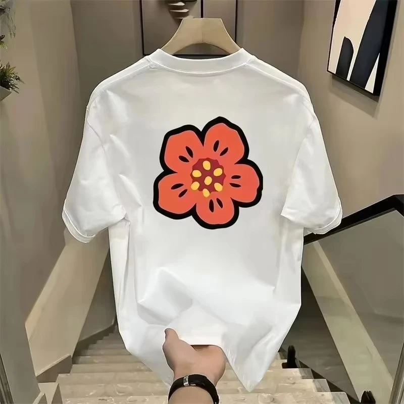 Red Flower Print Casual T-shirt, Unisex Minimalist O-neck Short Sleeve Tees, Summer Fresh Streetwear Tops for Daily & Outing