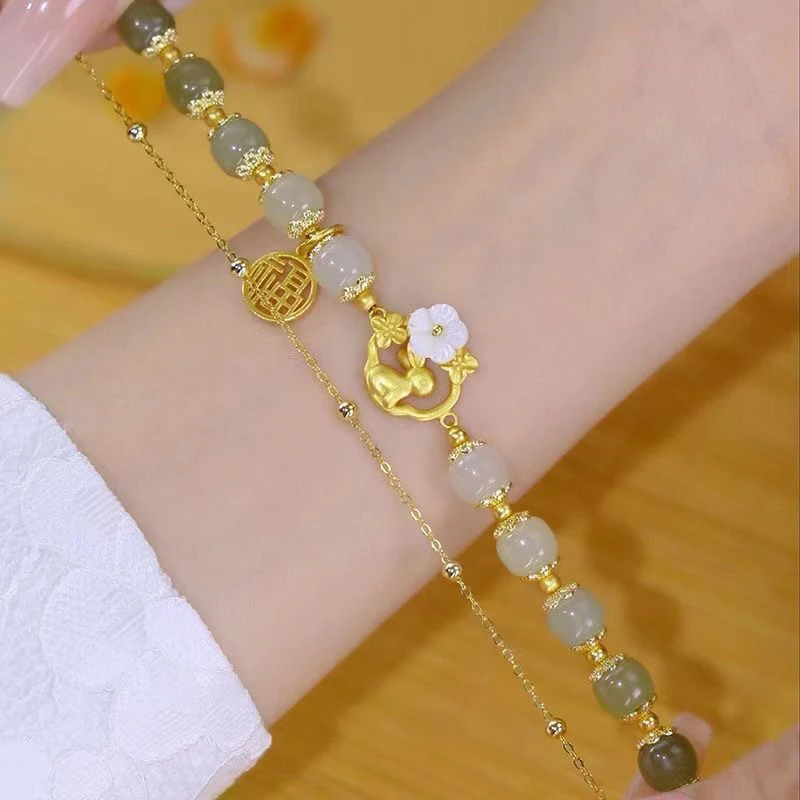 Simple Imitation Jade Fashion Jewelry Rabbit Flower Lucky Bracelet Light Luxury Trendy Sweet Bangle Hand Chain For Women Girl