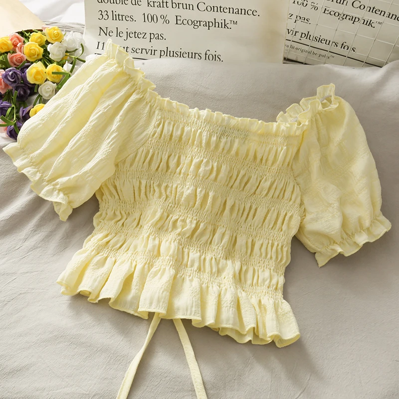 French Style Puff Sleeve Blouse Summer Short Slim Drawstring Lace-Up Slash Neck Off Shoulder Casual Shirts Streetwear