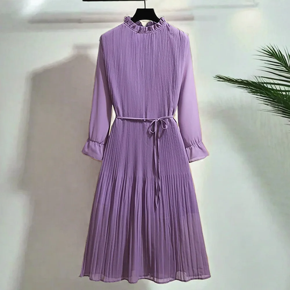 Lavender Ruffled Collar Pleated Elegant Lace Up Chiffon Women\'s Dress A-Line Knee-Length Dresses For Women Clothing Fashion 2024