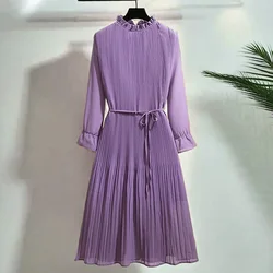 Lavender Ruffled Collar Pleated Elegant Lace Up Chiffon Women's Dress A-Line Knee-Length Dresses For Women Clothing Fashion 2024