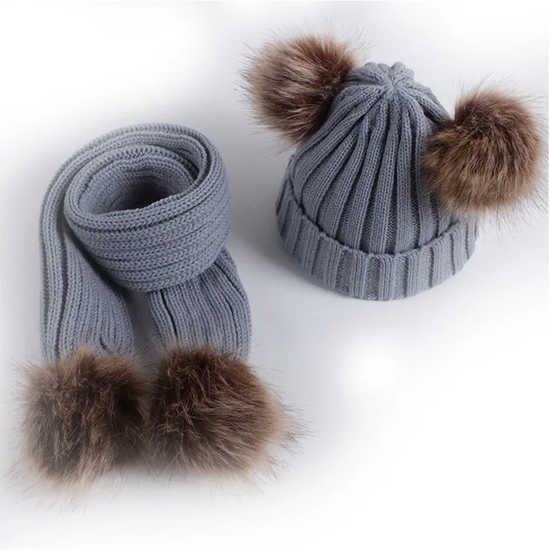 2023 Cute Pom Pom Knitted Baby Hat Scarf Winter Warm Children\'s Hat Scarf Elastic Warmn Double Ball Baby Hat Scarves