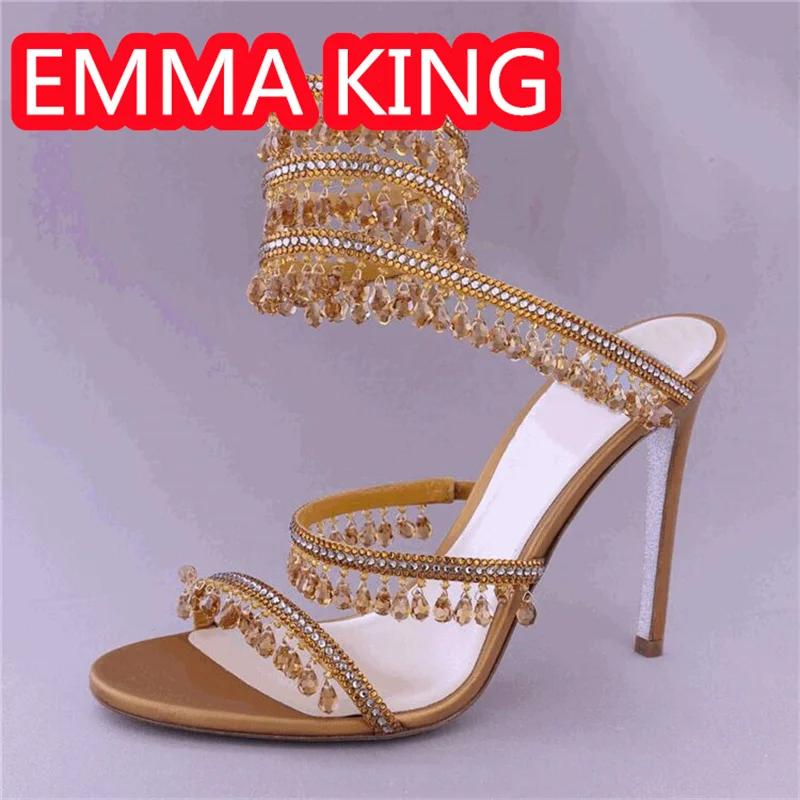 

New Luxury Diamonds Beading Slip On Summer Girl Sandals 2024 Ankle Strap Dancing Party Fashion Sexy Women High Heels Size 43