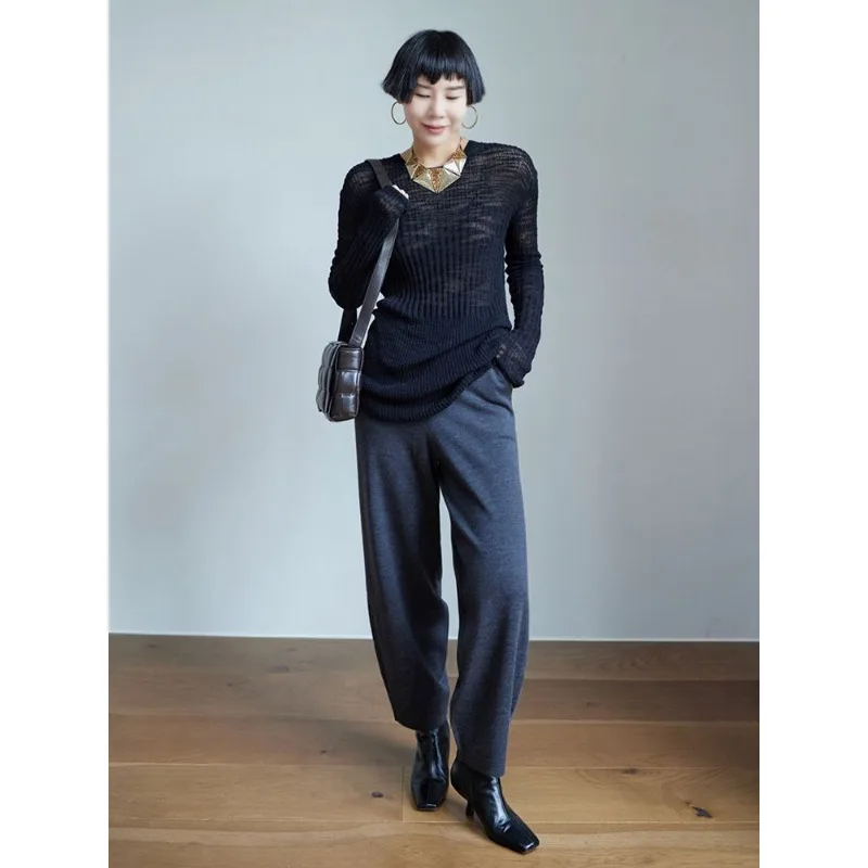 طويل من الأمام وقصير الظهر كبير تمتد حفرة الشريط محبوك مزاجه قاع قميص جولة الرقبة طويلة الأكمام تنوعا السترة #3