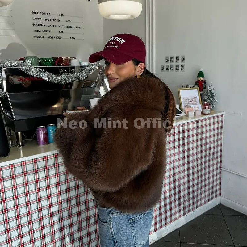 Neo Mint Winter 2025 Trendy Brown Obsession Cropped Shawl Collar Faux Fur Coat Women Jacket Chic Girls Brand Fox Fur Outerwear