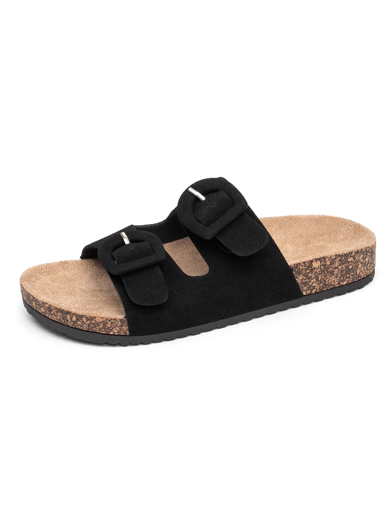 Women Double Metal Buckle Cork Footbed Slide Sandals Suede Flat Summer Casual Walking Beach Outdoor Shoes