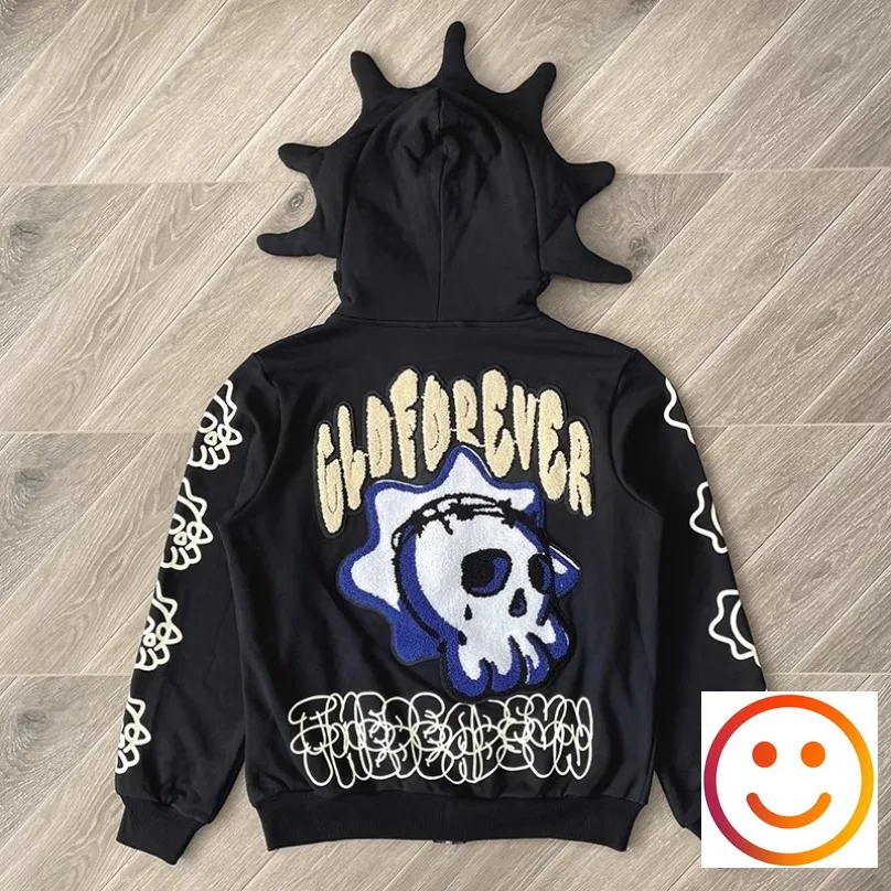 

Towel Embroidered Skull Patch Black Glo Gang The Glory Full Zip Hoodie Men Women High Quality High Street Casual Loose Pullovers