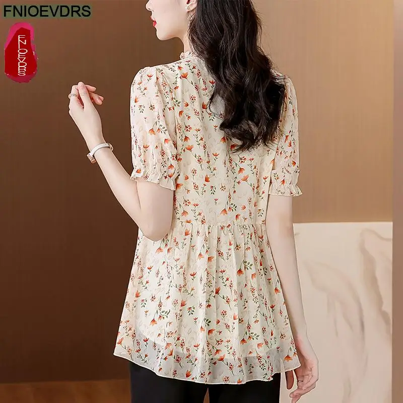 M-4XL Loose Clothes 2024 Summer Ruffles Tops Short Sleeve Women Basic Wear Office Lady Flower Floral Print Peplum Shirts Blouses