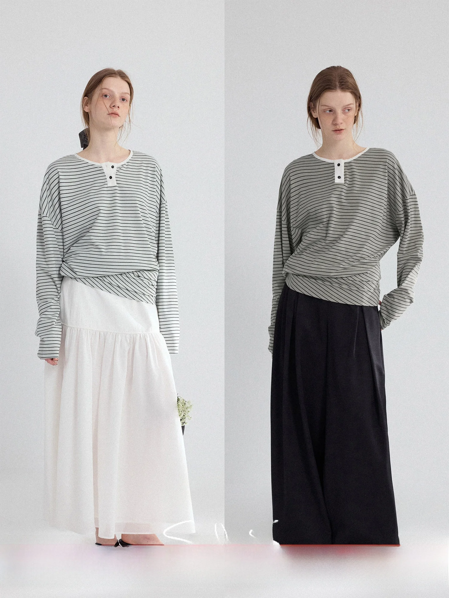 

Sonders Color Blo Striped Loose Fit T-irt Semi Open Front Versatile Long Sve round Ne Spring Faion Ladies Top