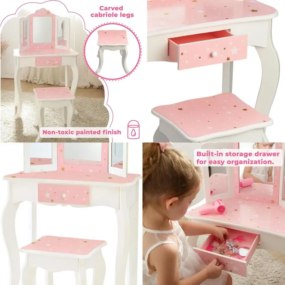 

Деревянный игровой туалетный столик Princess G Uwagi Star-Themed для детей со столом, зеркалом, ящиком и табуретом белого, розового и золотого цвета