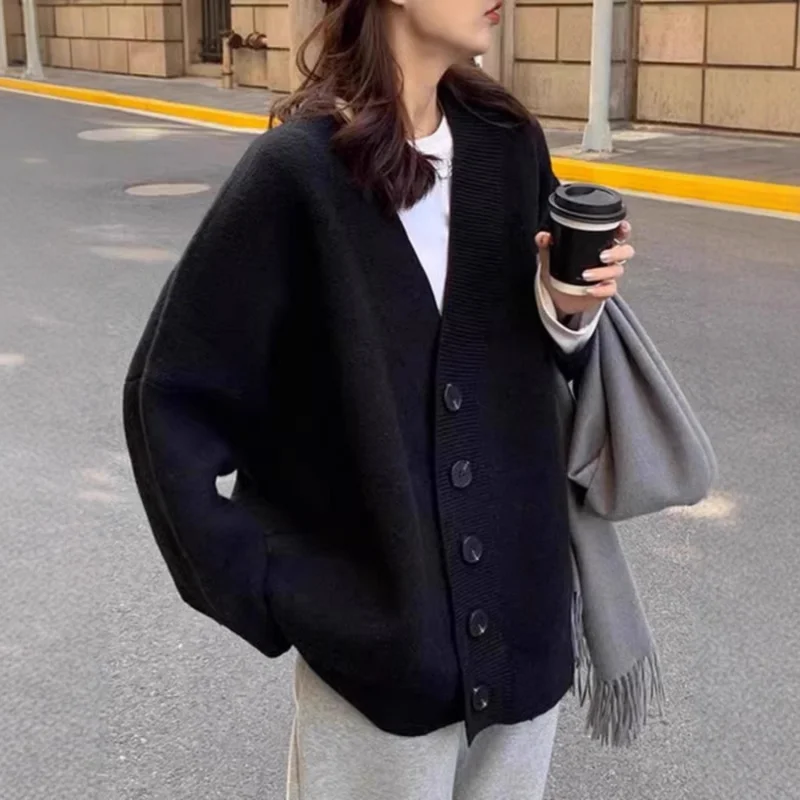 

Black Sweater Coat Women, Plus Size, Thickened, Vintage, Mid-Length, Loose,, Knitted Cardigan