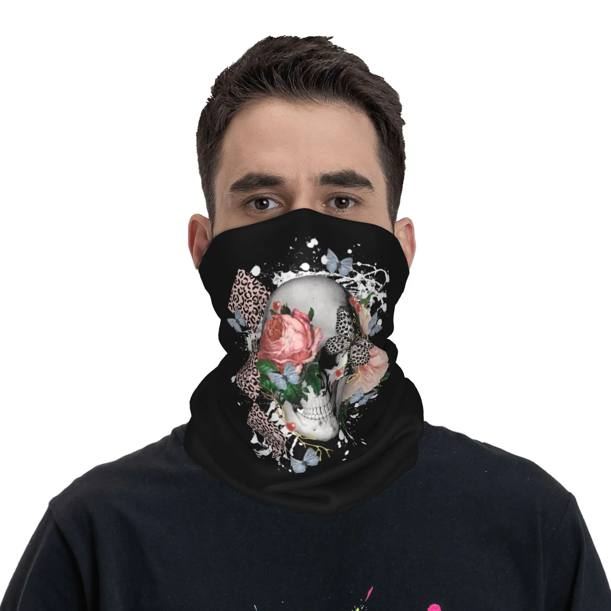 Skull with Pink Floral and Butterfly Accent Bandana Neck Gaiter Printed Wrap Mask Scarf Multi-use Balaclava Running Unisex Adult