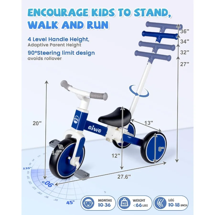 5in1 Tricycle for Toddlers 1-3, Toddler Balance Bike for 1 to 4 Year Old Kids Boys Girls First Gift, Ride-on Toys Toddler Bike w