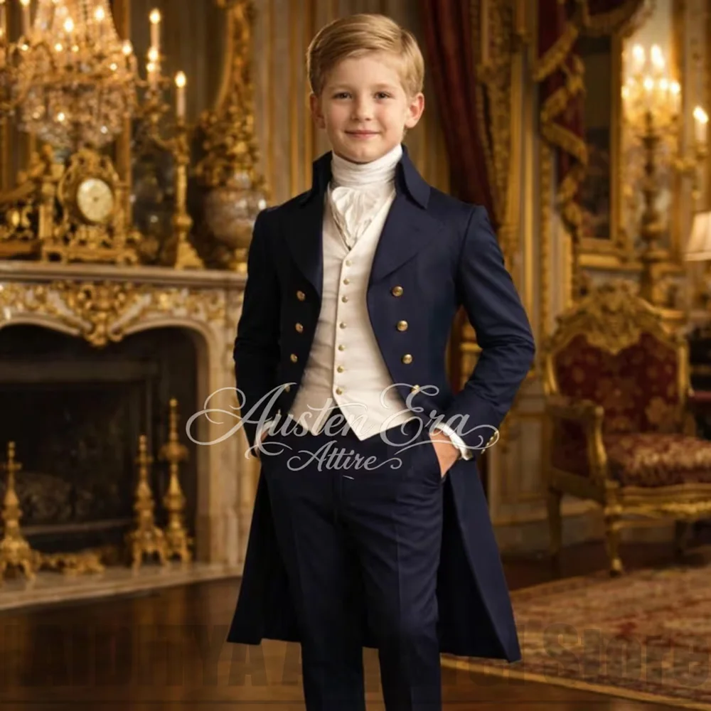 Chic Boys Suit 3 Pieces Fashion Double Breasted Kids Vintage Outfit For Jane Austen Cosplay Wedding Party Birthday Tailcoat
