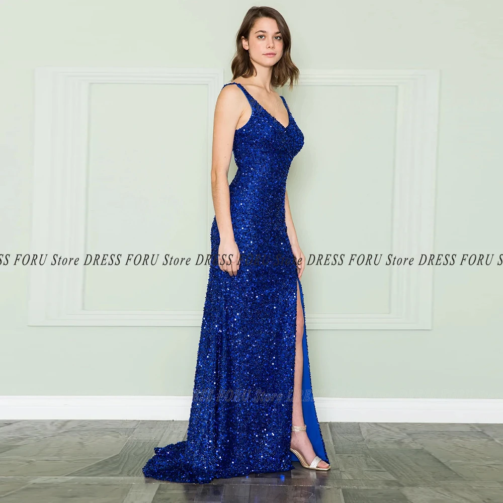 Glitter Evening Dress For Woman Royal Blue Velour Bead Side Slit Mermaid Party Gown Backless Sexy Celebrity Pageant Custom Size