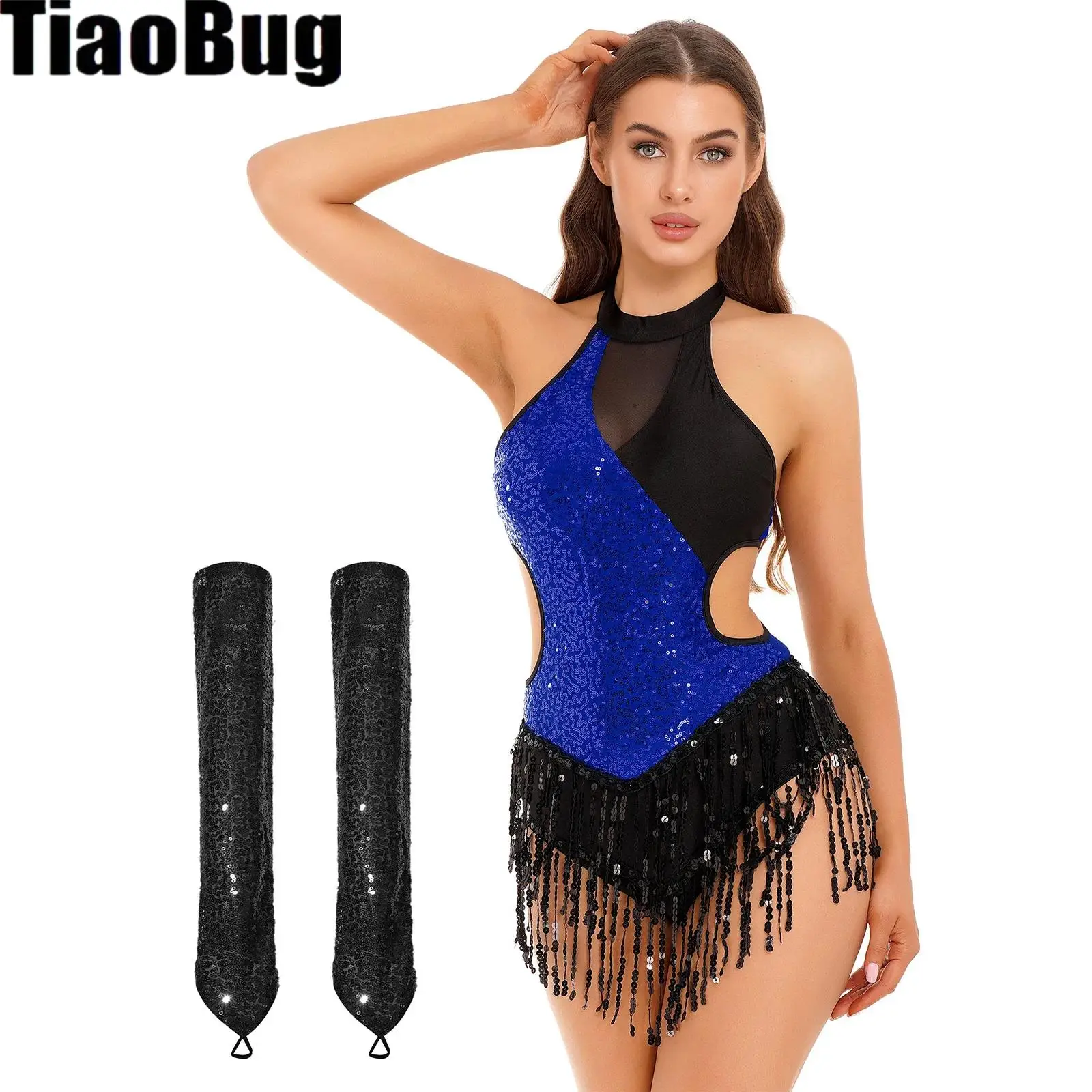 

Women Sequins Latin Cha-Cha Dance Leotard Sets Sparkling Color Block Bodysuit Sleeveless Fringed Leotard with Sequin Long Gloves