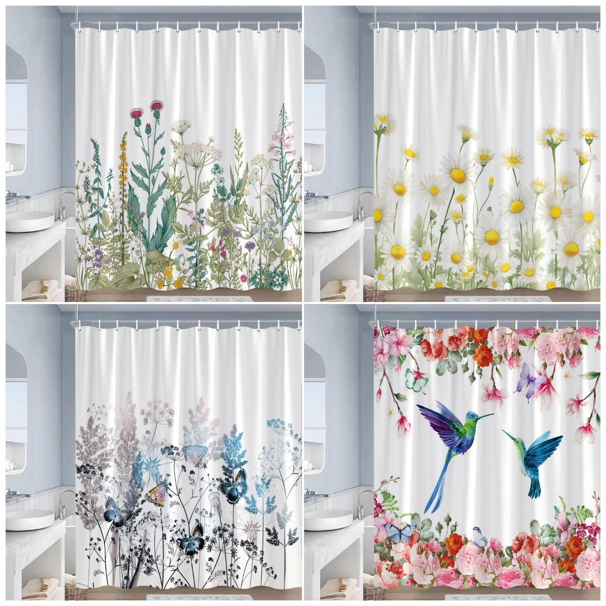 Floral Shower Curtains Butterfly Hummingbird White Daisy Dandelion Rose Flowers Plants Polyester Fabric Bathroom Curtain Decor