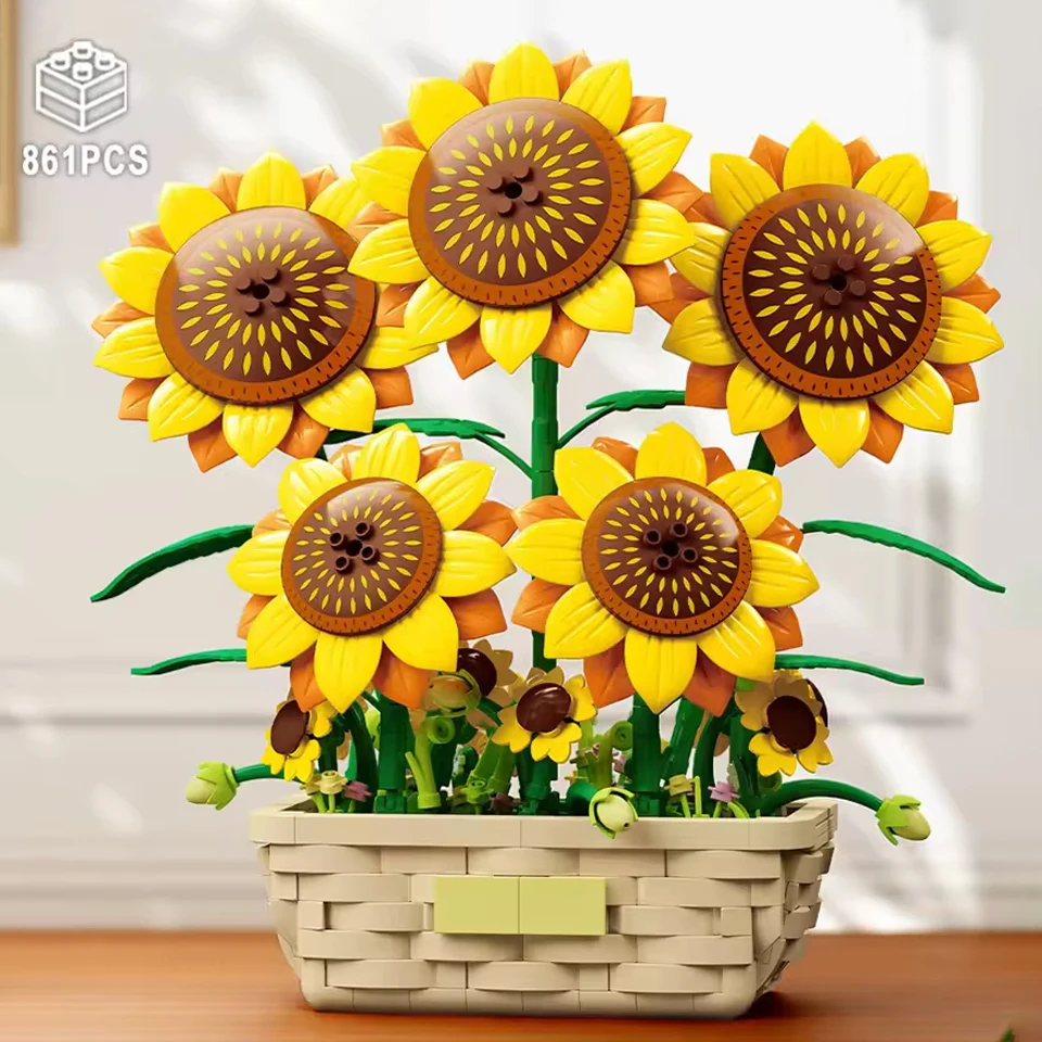 

861pcs Sunflower Potted Plant Building Block Flower Bouquet Vase Model Bricks Set Home Decoration Girls Educational Toys